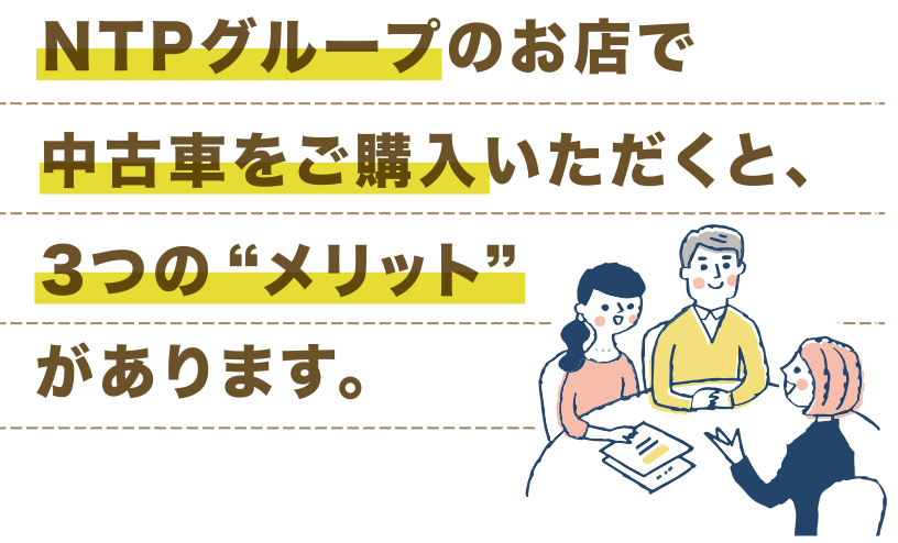 NTPグループのお店で中古車をご購入いただくと、3つの“メリット” があります。